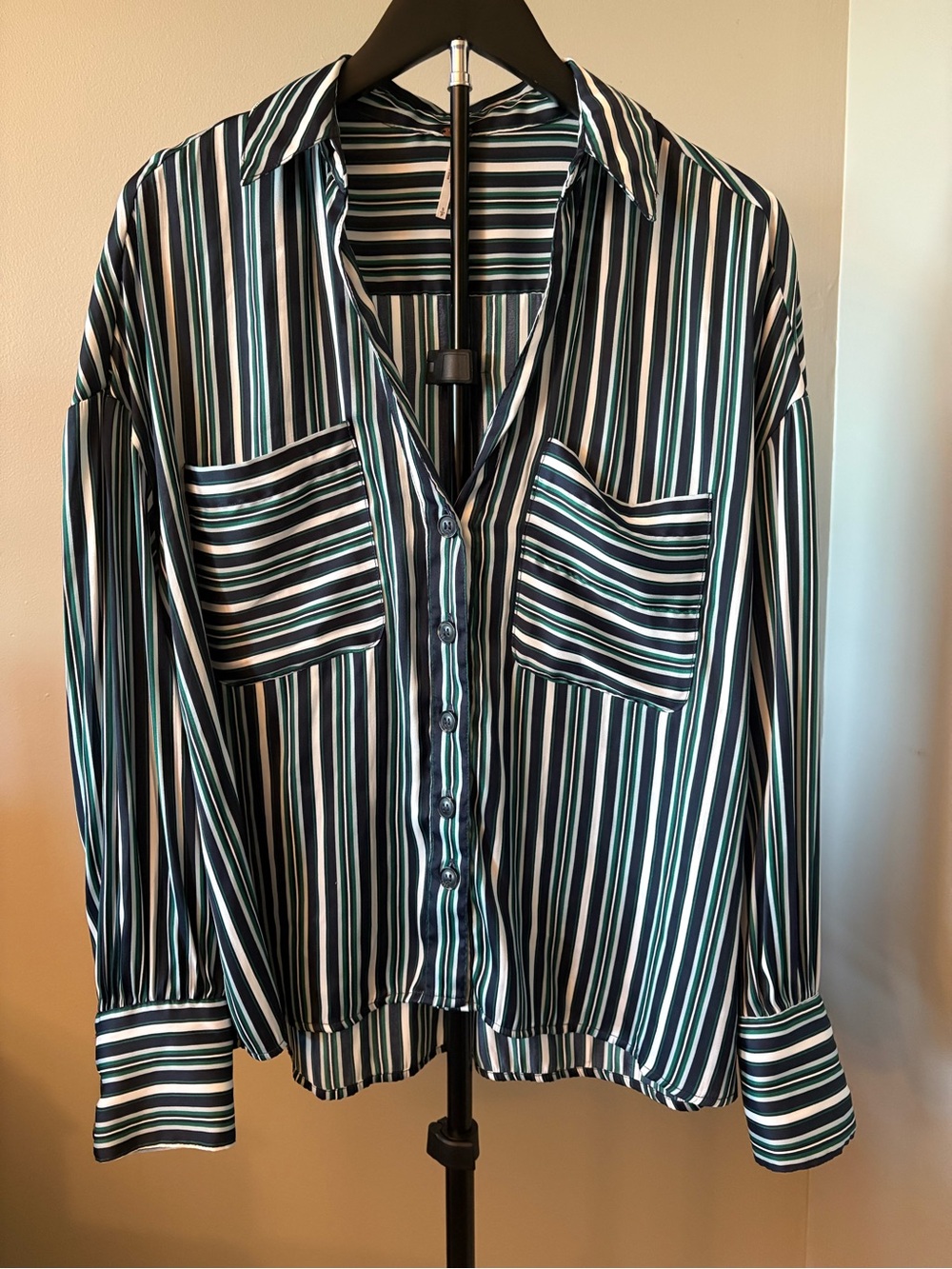 Free People Size Small Striped Button-Front Blouse in Navy, Green, White